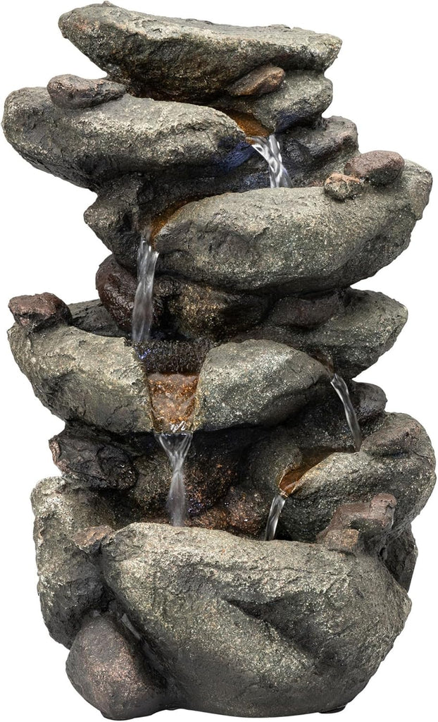 14" Indoor Tabletop Rainforest Rock Water Fountain with LED Lights, Tiered Desktop Fountain and Office Décor, Gray