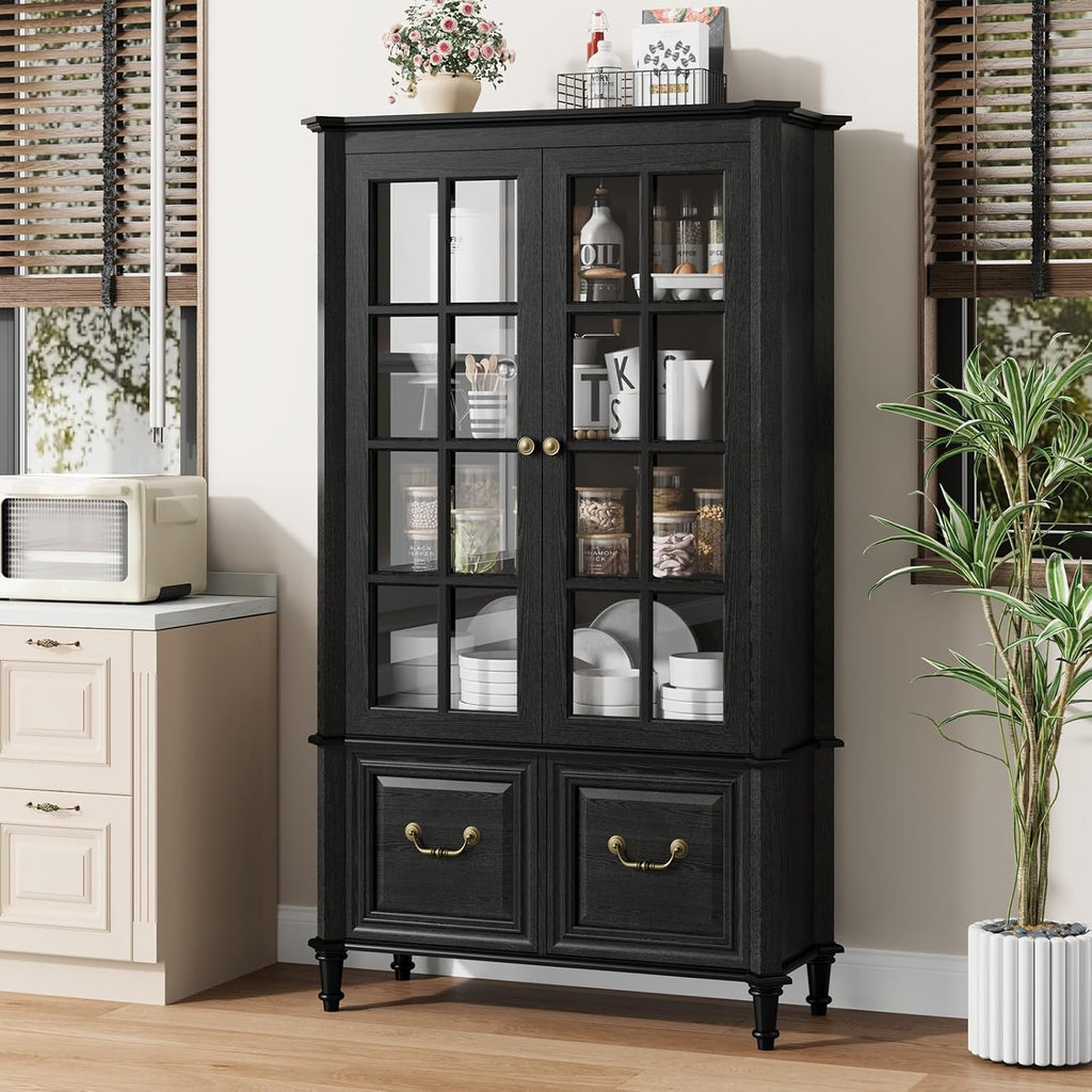 63" Tall Display Cabinet with Glass Doors and Solid Wood Legs, Modern Bookcase with 2 Drawers & Adjustable Shelves