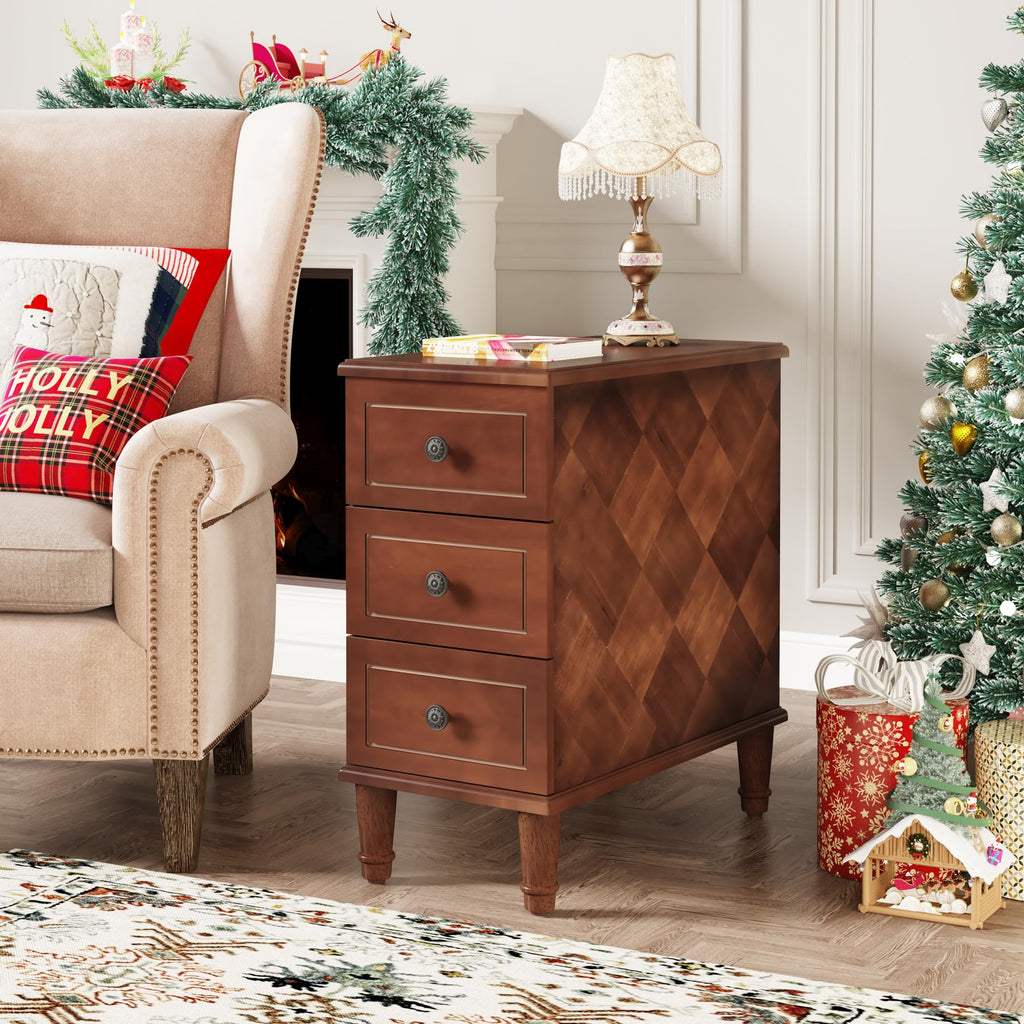Solid Wood End Table, Fully Assembled Side Table with Drawers