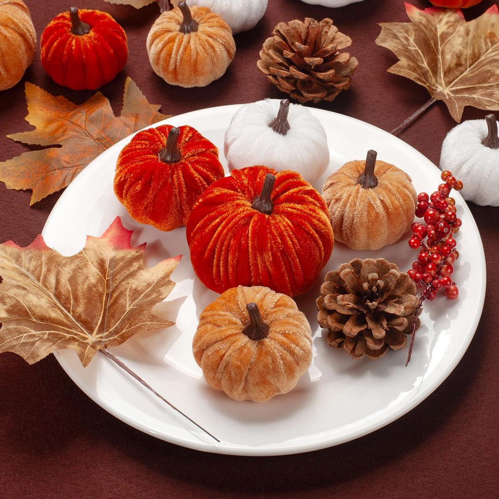 21 PCS Fall Artificial Velvet Pumpkins Set, Fake Fabric Pumpkins Faux Foam Pumpkin, Orange Khaki White Pumpkin