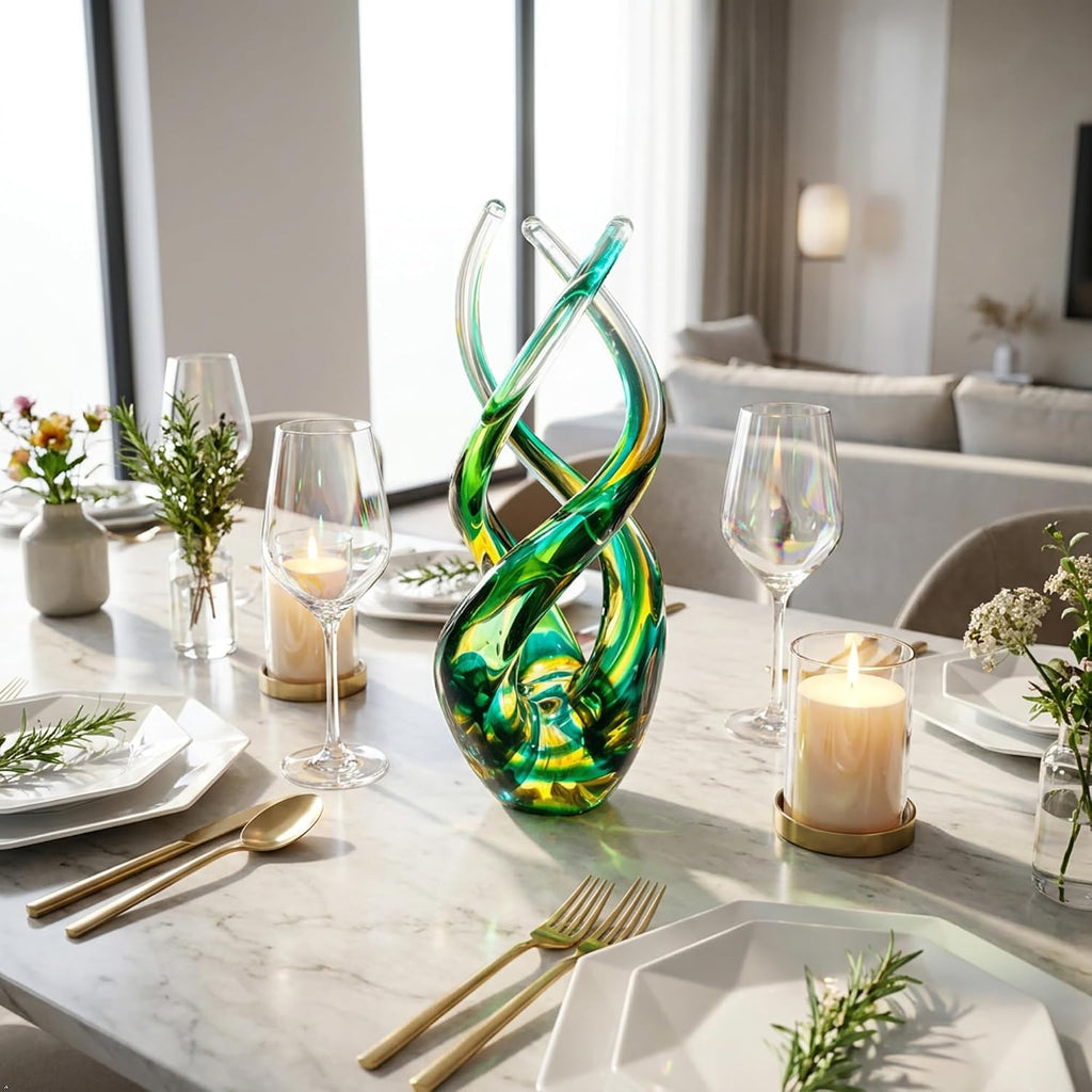 Hand Blown Glass Decor - Emerald Green Glass Sculpture - Aurora Collection Theme Spiral Kinetic Figurine, Light - Set of 199