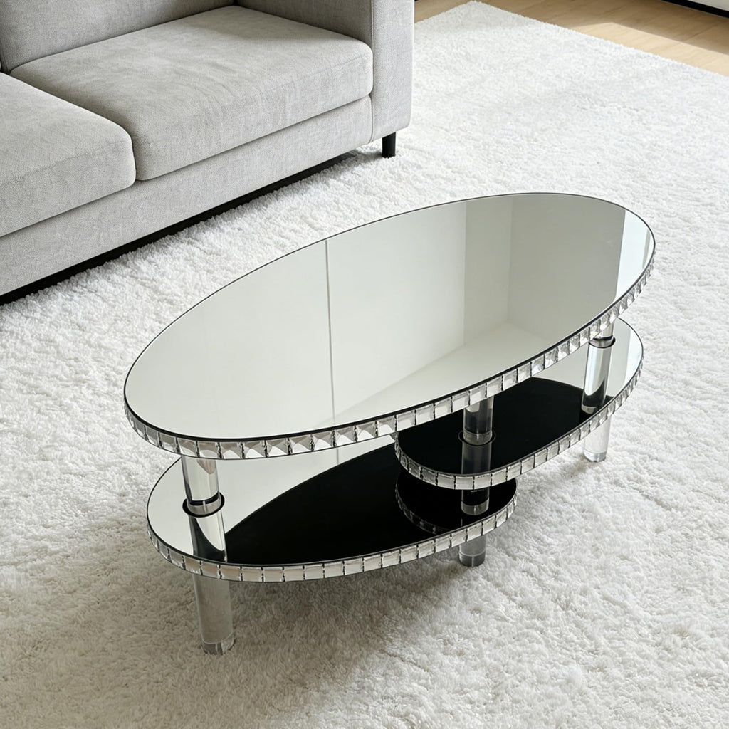 Modern Silver Mirror Coffee Table Luxury 43" Oval Glass Coffee Tables with Crystal Trim and Acrylic Legs Elegant