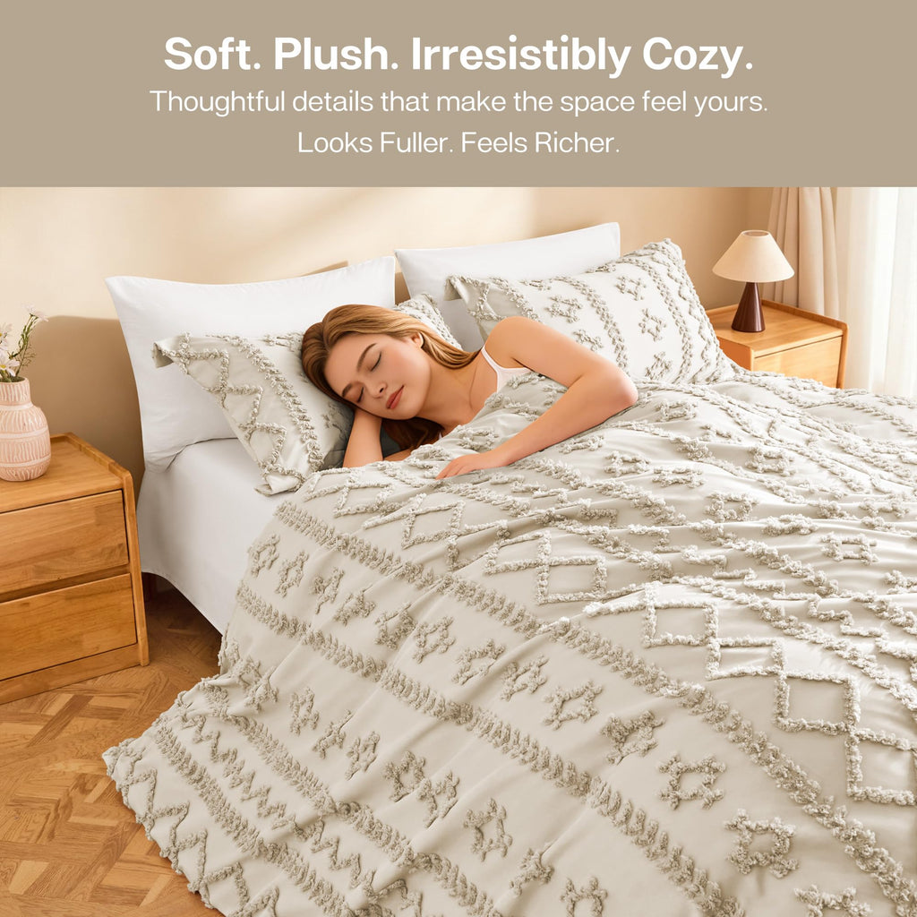 Boho Duvet Cover, Soft Vintage Tufted Bedding, 3-Piece, Linen