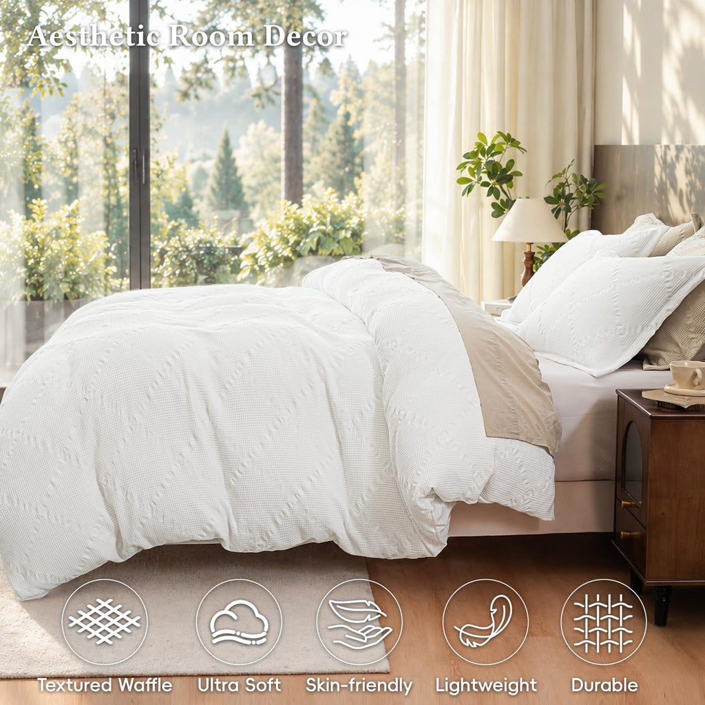 Luxury Textured Waffle Weave Duvet Cover Set, White