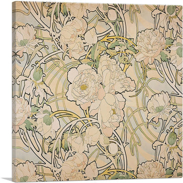 Peonies 1897 Canvas Art Print Stretched Framed Painting Picture Poster Giclee Wall Decor by Alphonse Mucha - 36" x