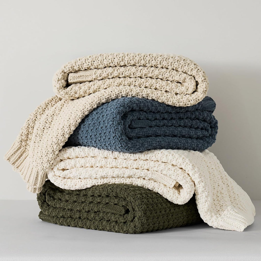 Chunky Chenille Knit Throw Blanket, Soft Luxurious Moss Stitch Chair Blankets, Cozy Decorative Farmhouse Knitted