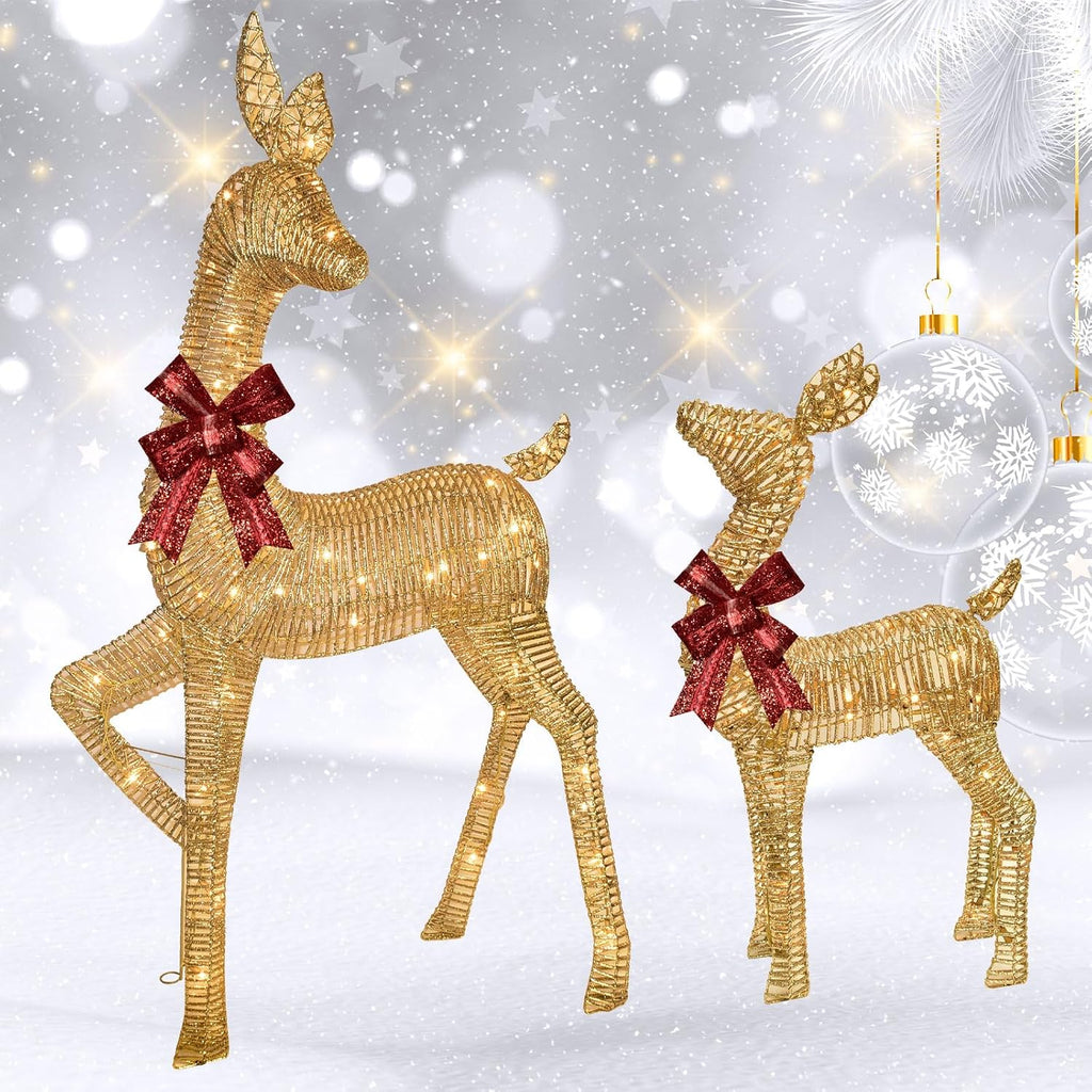 2-Piece Large Lighted Christmas Deer - Outdoor Yard Decoration Rattan Reindeer with 85 LED Lights, Stakes, Zip Ties