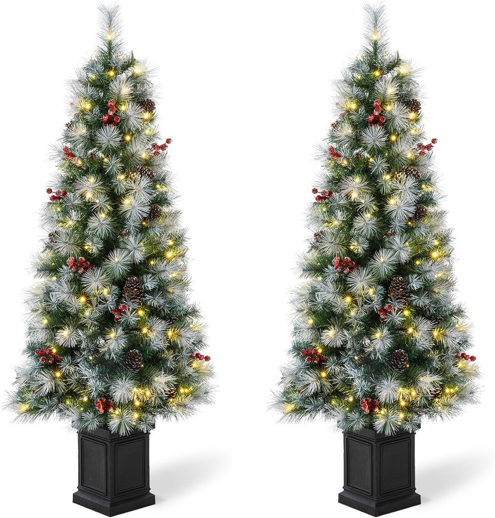 2PK 5ft Pre-Lit Christmas Tree with 150 Warm White Lights,Potted Artificial Christmas Tree w/286 Pine Needle&PVC