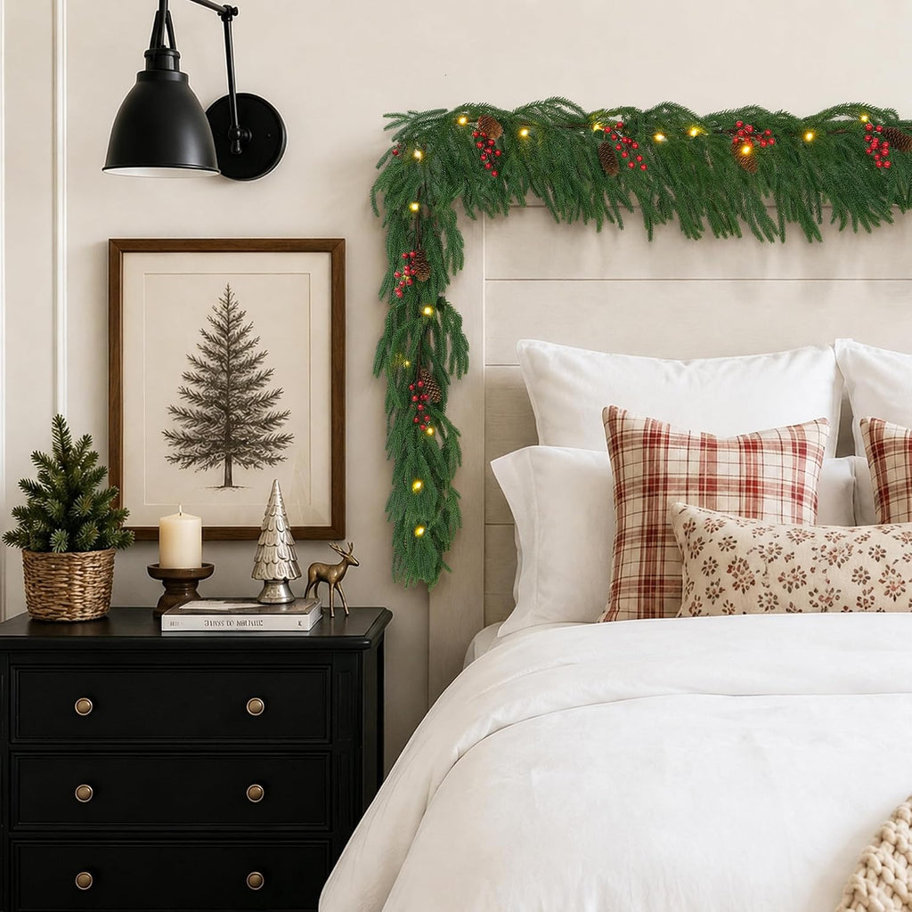 9ft Norfolk Pine Garland with LED Lights Red Berries Pine Cones