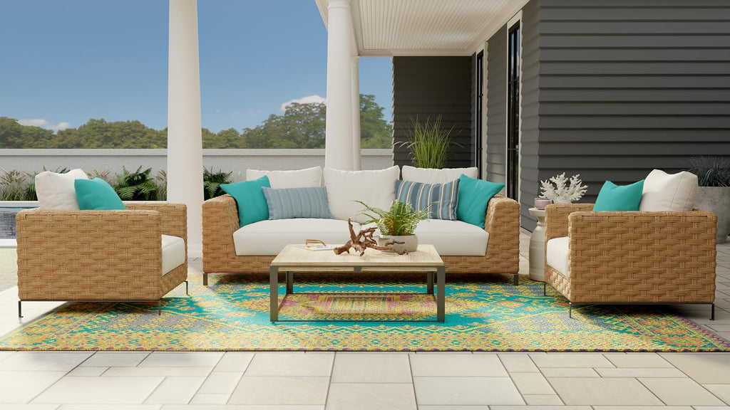4' x 6', Aqua Outdoor Rug, Reversible Plastic Mat, Porch, Poolside, Mudroom, Camping, RV, Deck
