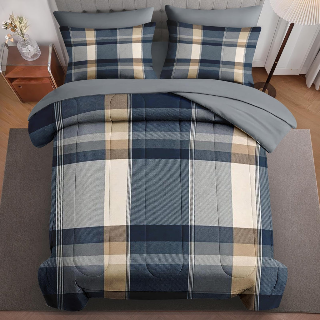 Comforter Set, 5 Pieces Plaid Navy Bedding Set