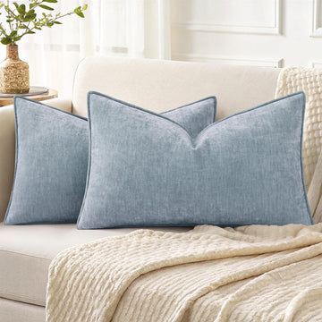 Chenille Light Blue Velvet Throw Pillow Covers 12x20 Set of 2