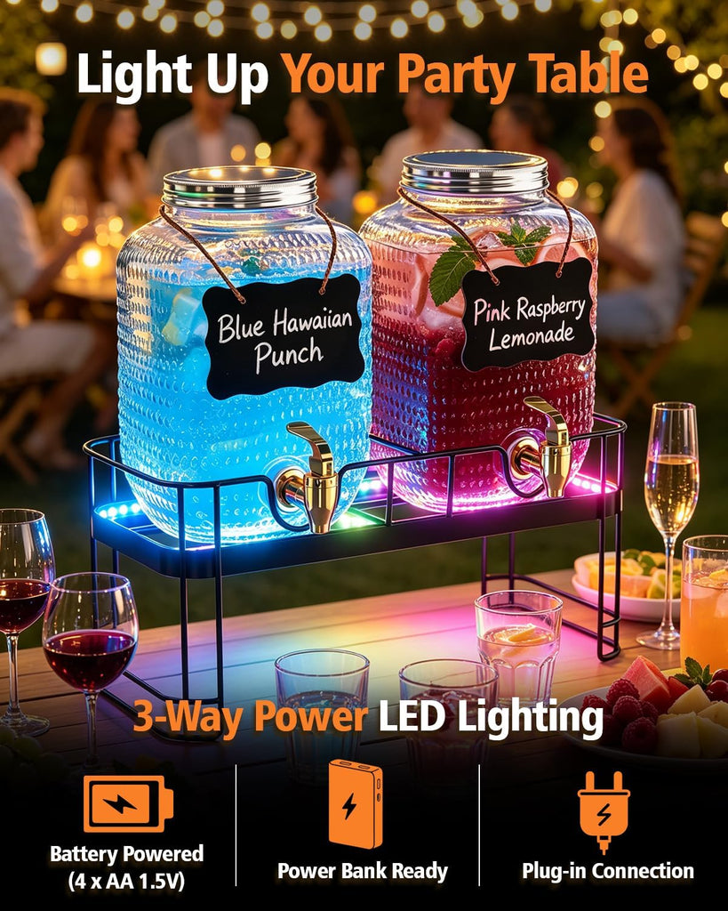 Drink Dispensers for Parties, 2 Pack 1 Gallon Glass Jars with LED Stand - Set of 2