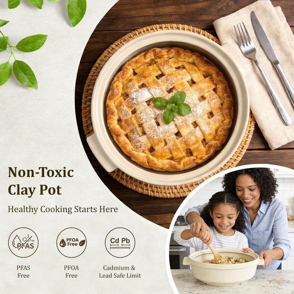 5 Quart Flami Pot with Lid, Natural Clay Pot for Cooking, Non-Toxic PFAS-Free Casserole Dish for Oven & Stovetop