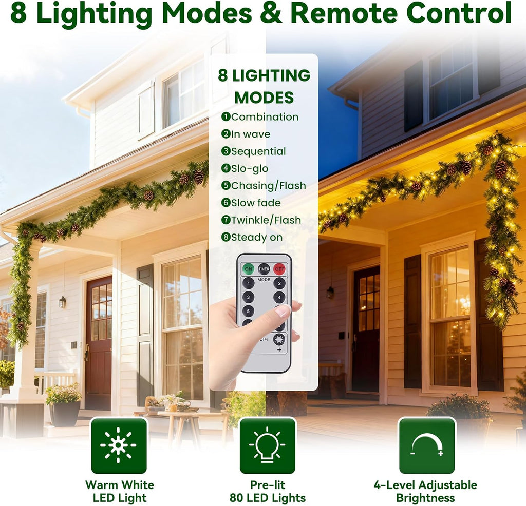 Pre-lit Christmas Garland with Lights 9FT 80LED Lighted Garland with Timer Faux Artificial Wreath Lights with Remote
