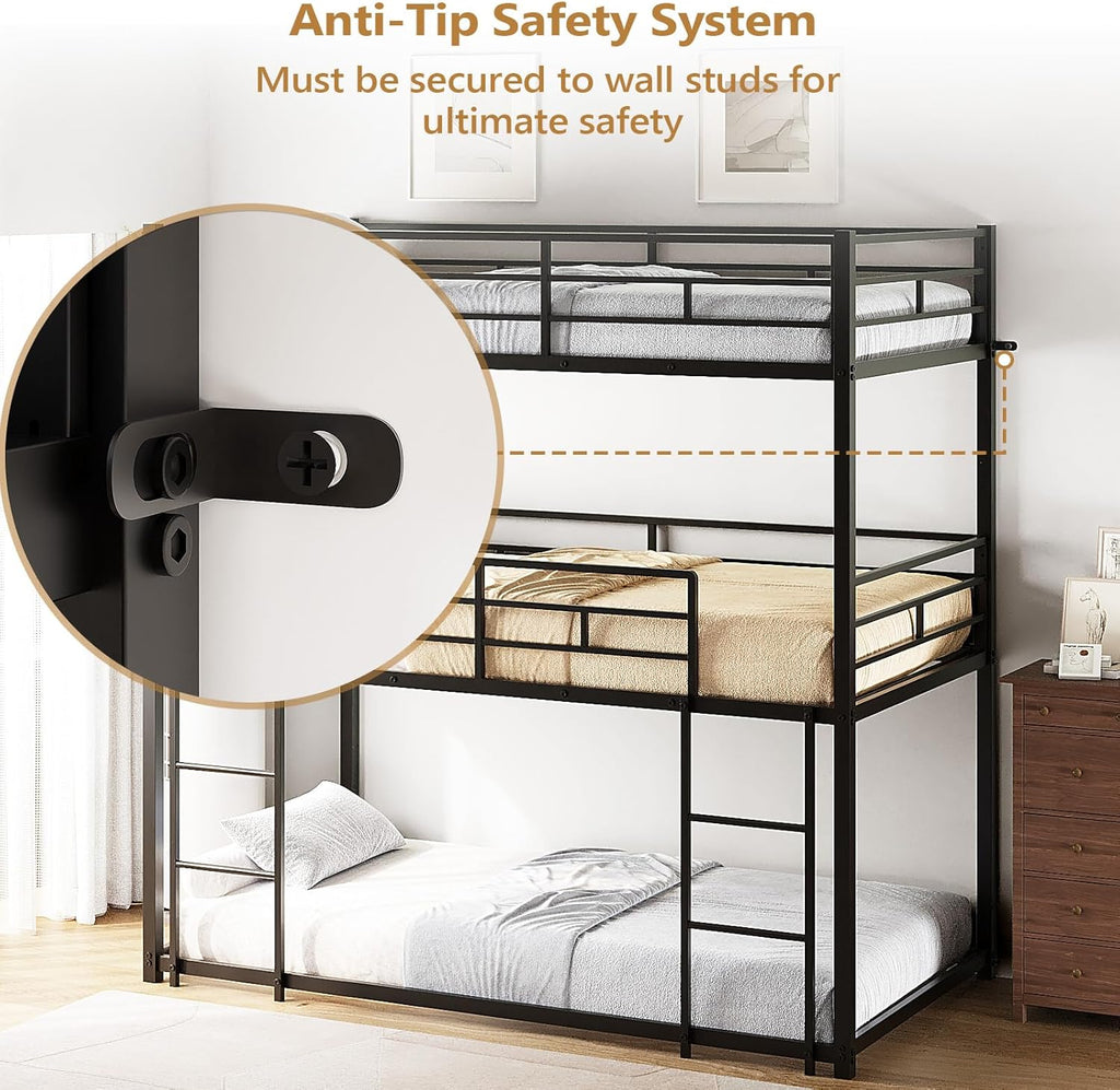 Triple Bunk Bed Twin Over Twin Over Twin, Metal 3 Bunk Bed for Kids, Teens and Adults