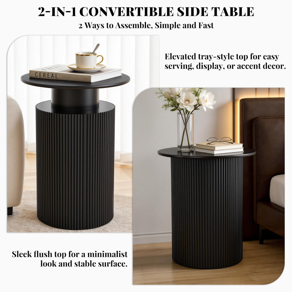 Fluted Side Table with Storage, 24" Round Reversible Wood End Table