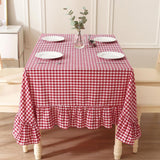 Red White Plaid Ruffled Table Cloth Rectangular for Seat 8-10, 100% Washed Cotton Buffet Cottage Coq