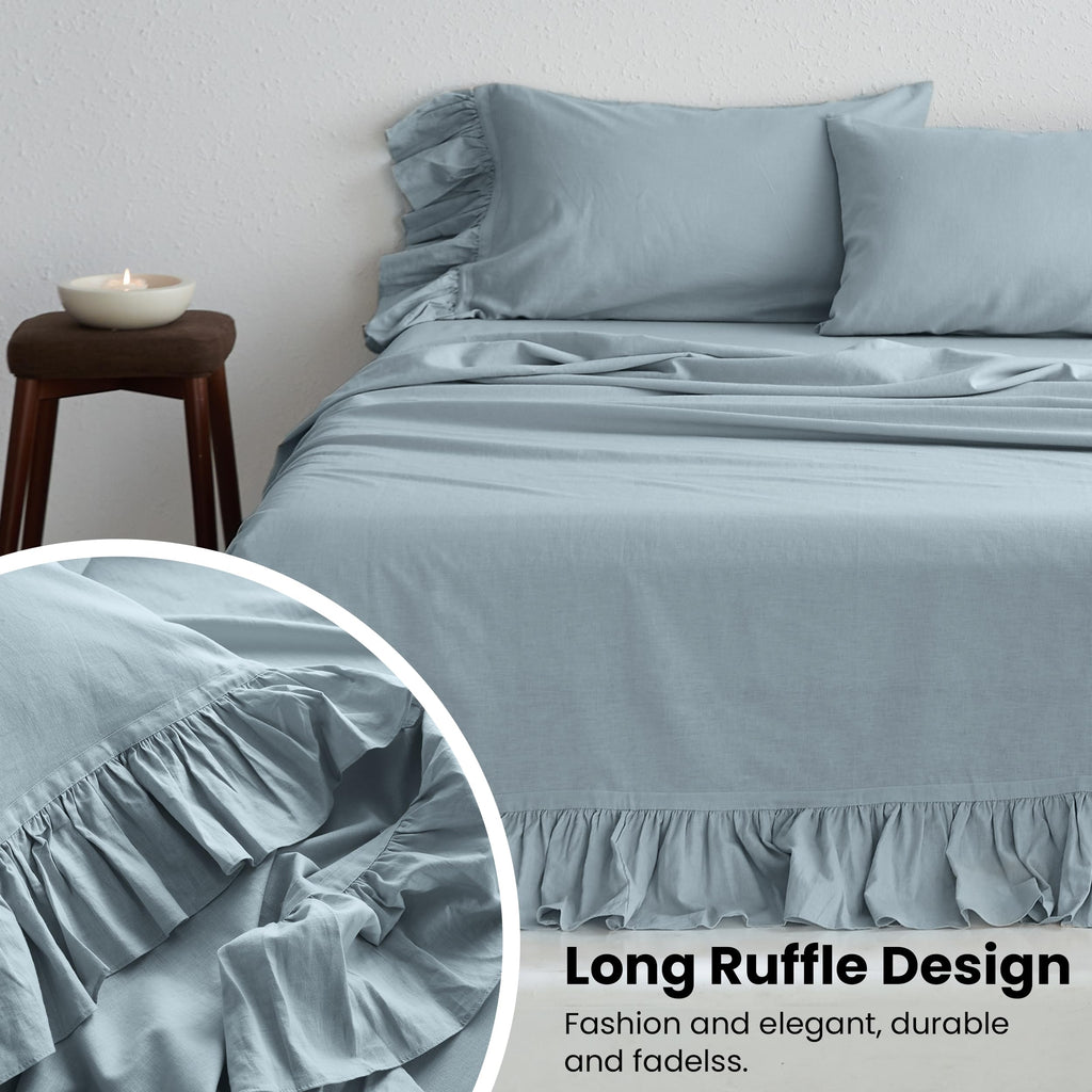 Belgian Linen Sheet Set with Long Ruffles 4pcs (1 Flat Sheet, 1 Fitted Sheet & 2 Pillowcases) Solid Shabby Vintage
