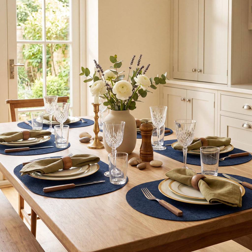 Faux Leather Oval Placemats Set of 4, Dark Blue