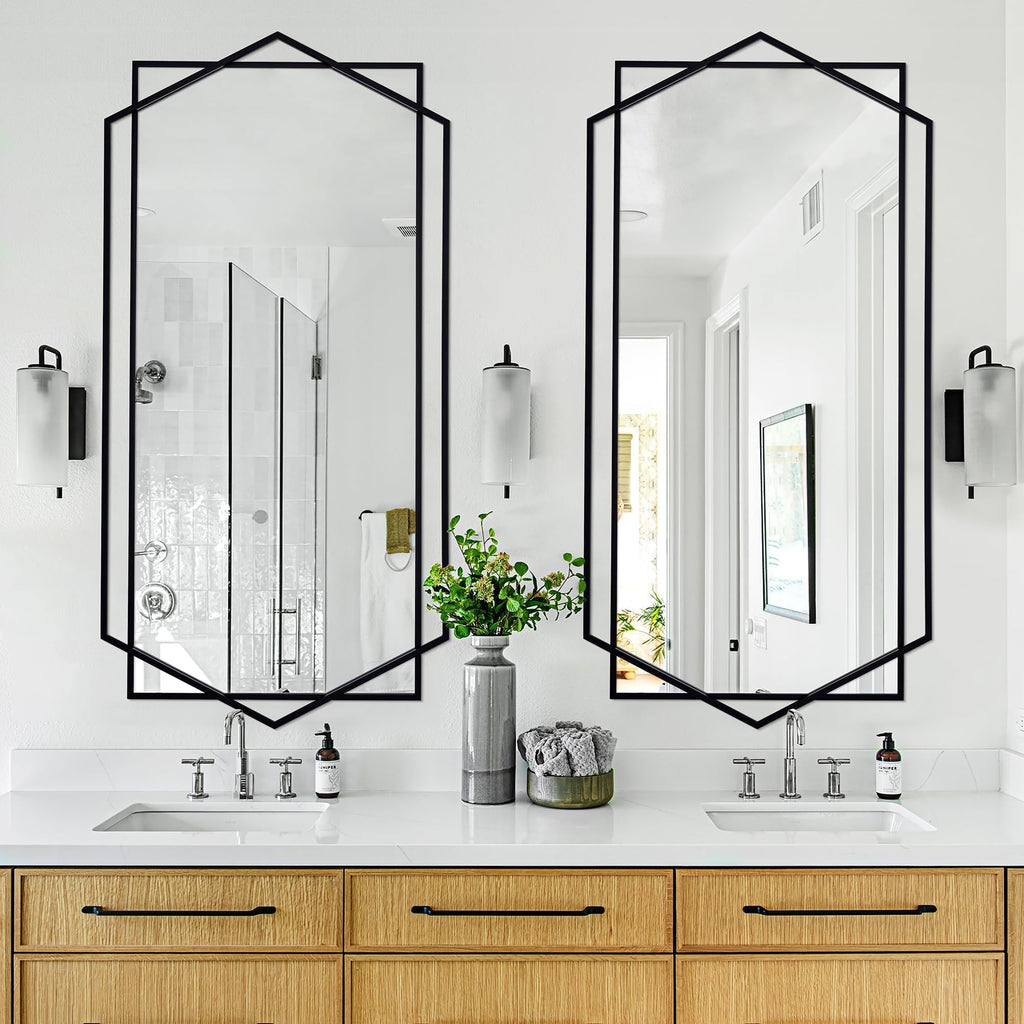 28"x 55" Black Decorative Mirror with Hexagon Metal Pipe Frame