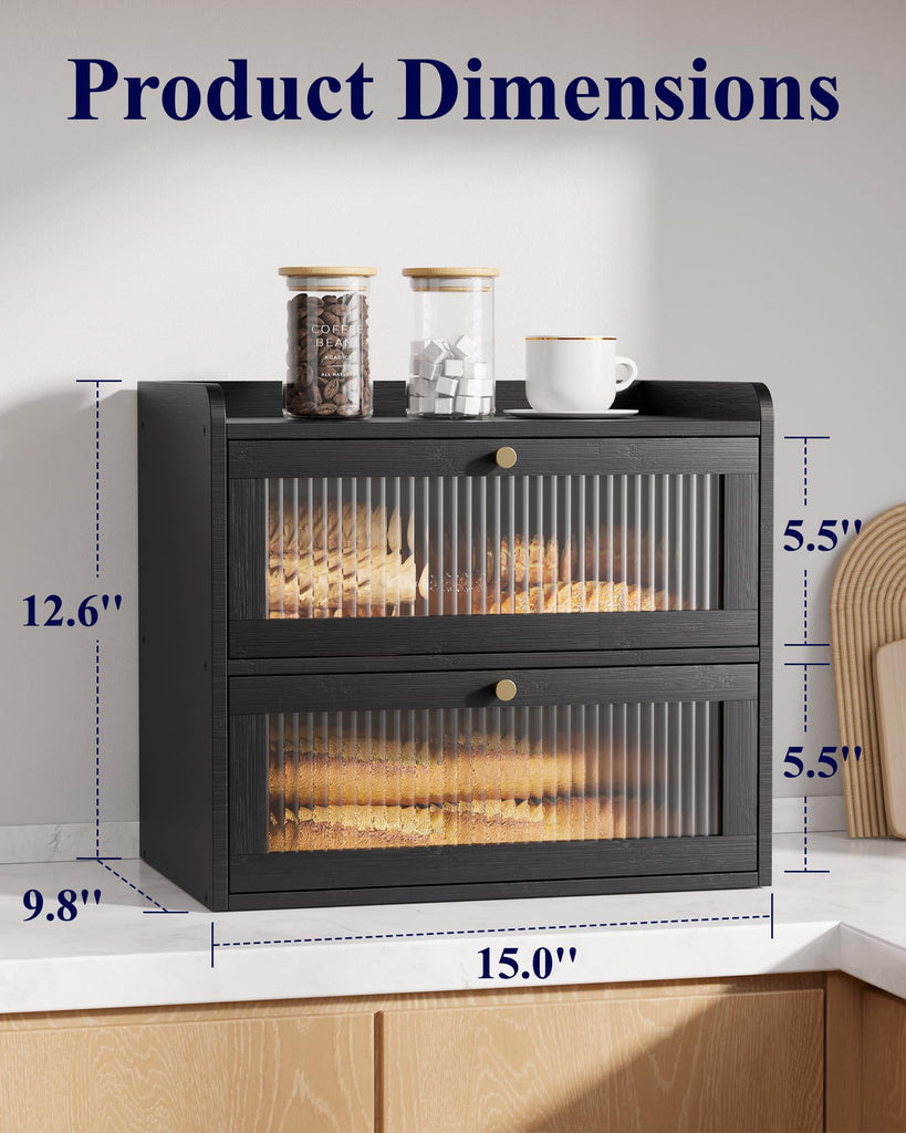 Bread Box - Wooden Countertop, Large Capacity, Black
