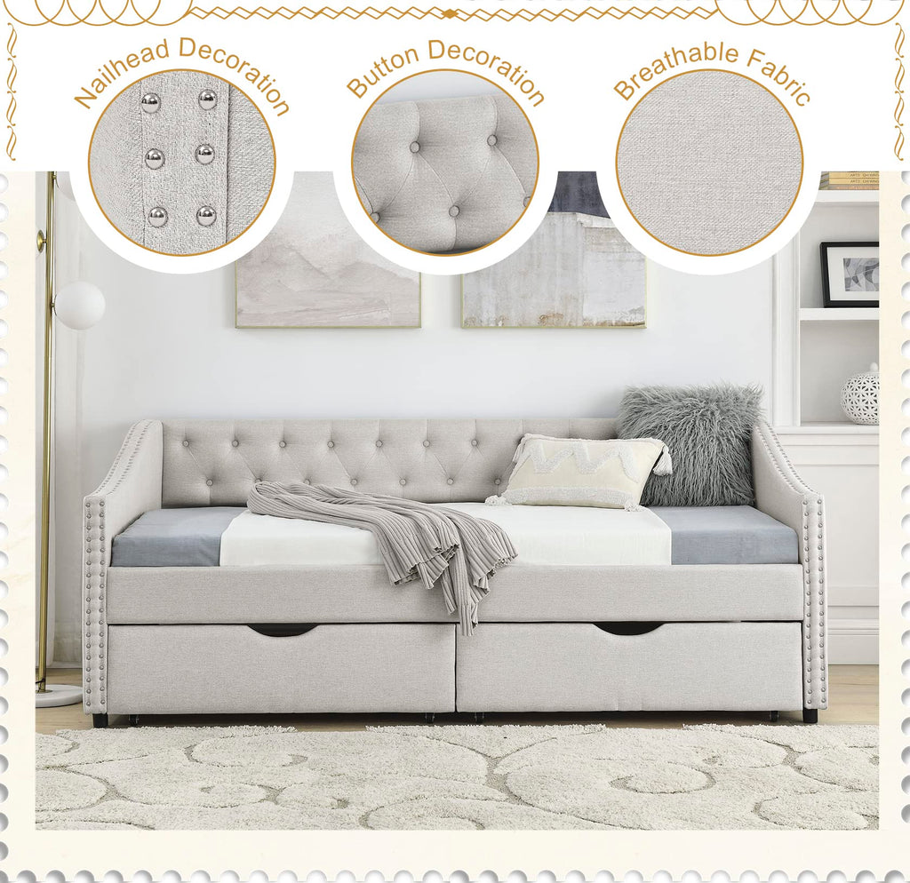 Wood Twin Daybed, Day Bed Frame with 2 Storage Drawers, Upholstered Twin Bed Frame Sofa Couch with Button and