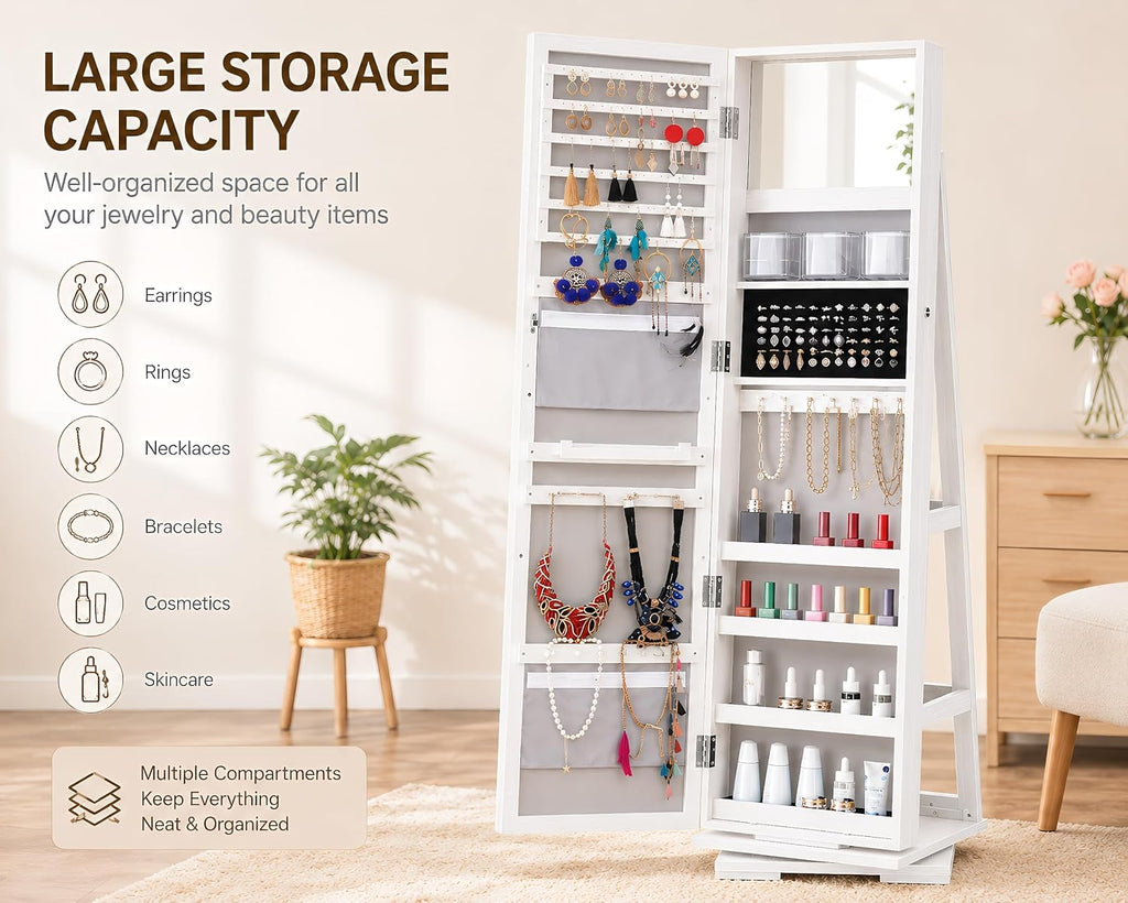 Lockable Jewelry Cabinet with Frameless Full-Length Mirror, 360° Swivel Jewelry Organizer Armoire, Free-Standing