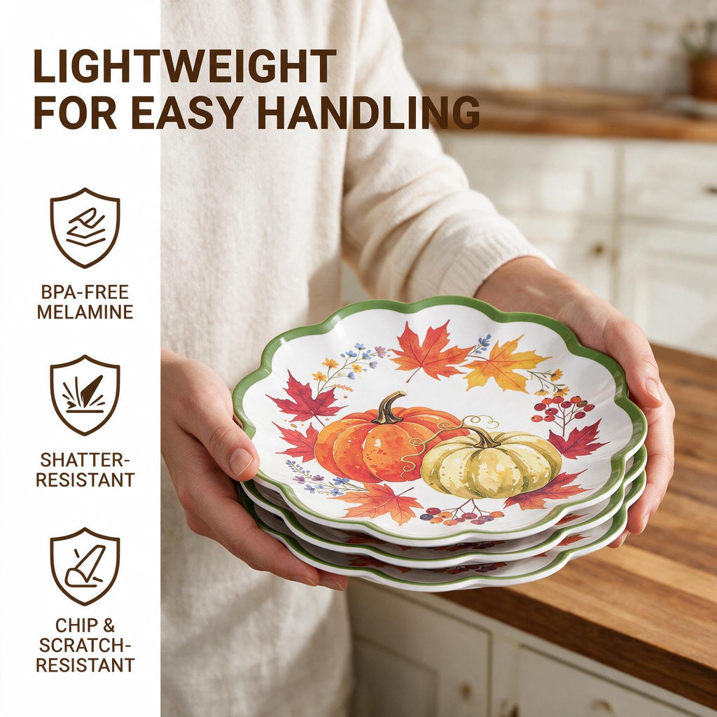 Fall Plates, 4 Pack 9 Inch Melamine Pumpkin Plates, Scalloped Rim