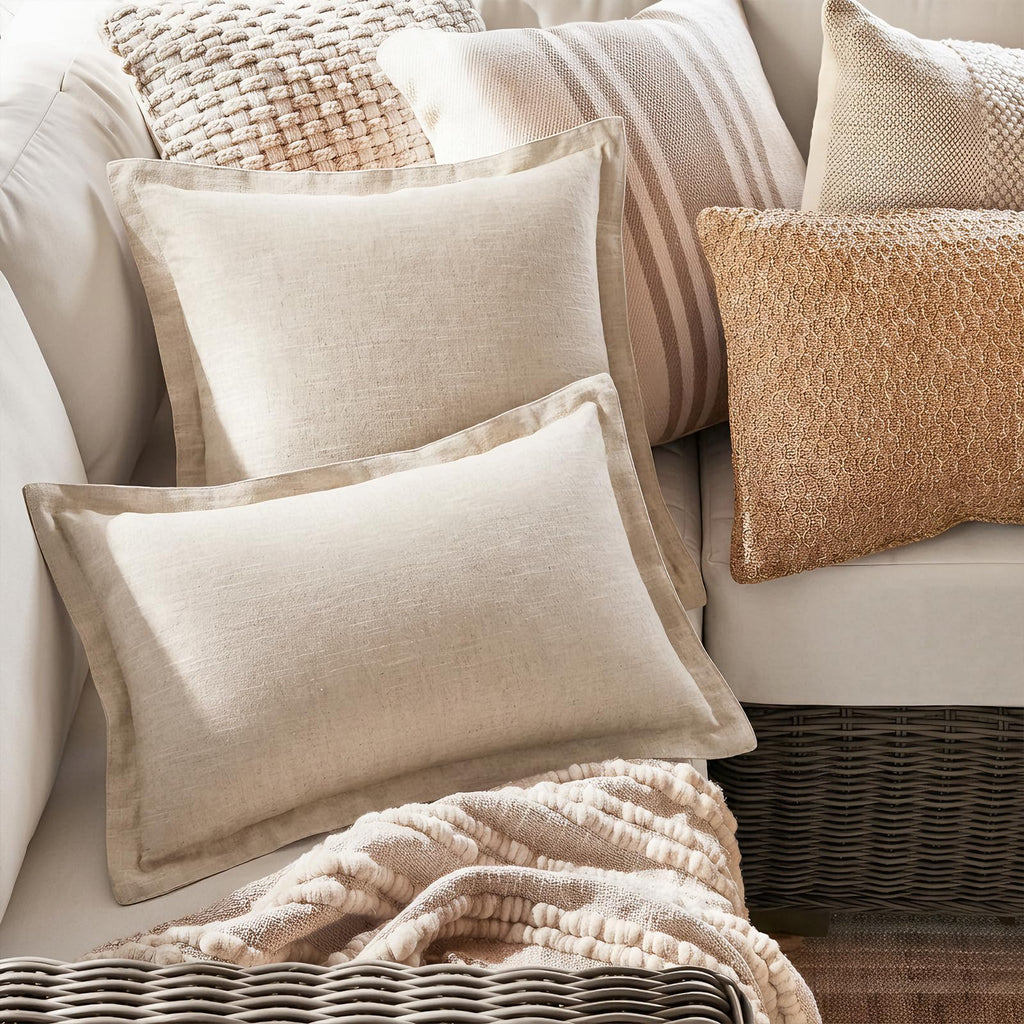 2 Pcs Linen Natural Lumbar 12x20 Inch Flange Throw Pillow Cover