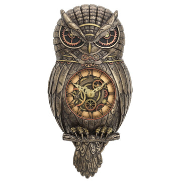 12.5" Tall Steampunk Owl Pendulum Wall Clock Cold Cast Resin Antique Bronze Finish Wall Sculpture