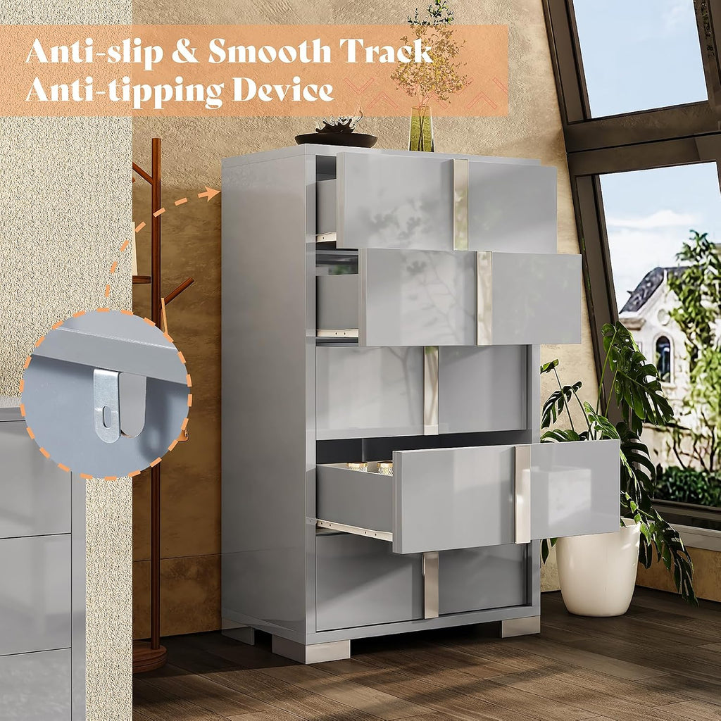 5 Drawer Dresser with Glossy Finish, Modern Storage Chest, Grey | 50.2" Tall Dresser, Storage Organizer, High Gloss