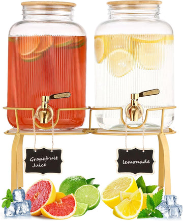 Gallon Glass Drink Dispenser with Stand, 2pack Drink Dispensers For Parties, Beverage Dispenser With Bamboo Lid - Set of 2