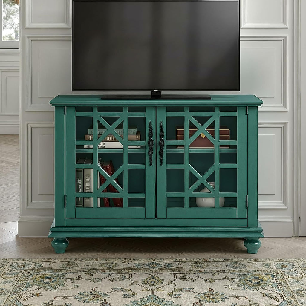 Elegant Small Spaces Accent Cabinet, Teal Green | Solid Wood, Glass Doors, Vintage Sideboard, Small TV Stand , Turned