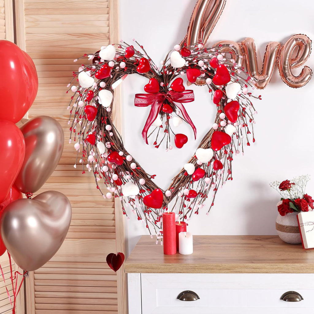 17in Valentine's Day Heart Wreath with Berry Red Heart Wreaths Handmade Valentines Day Wreath with Silk Bow Red Pink