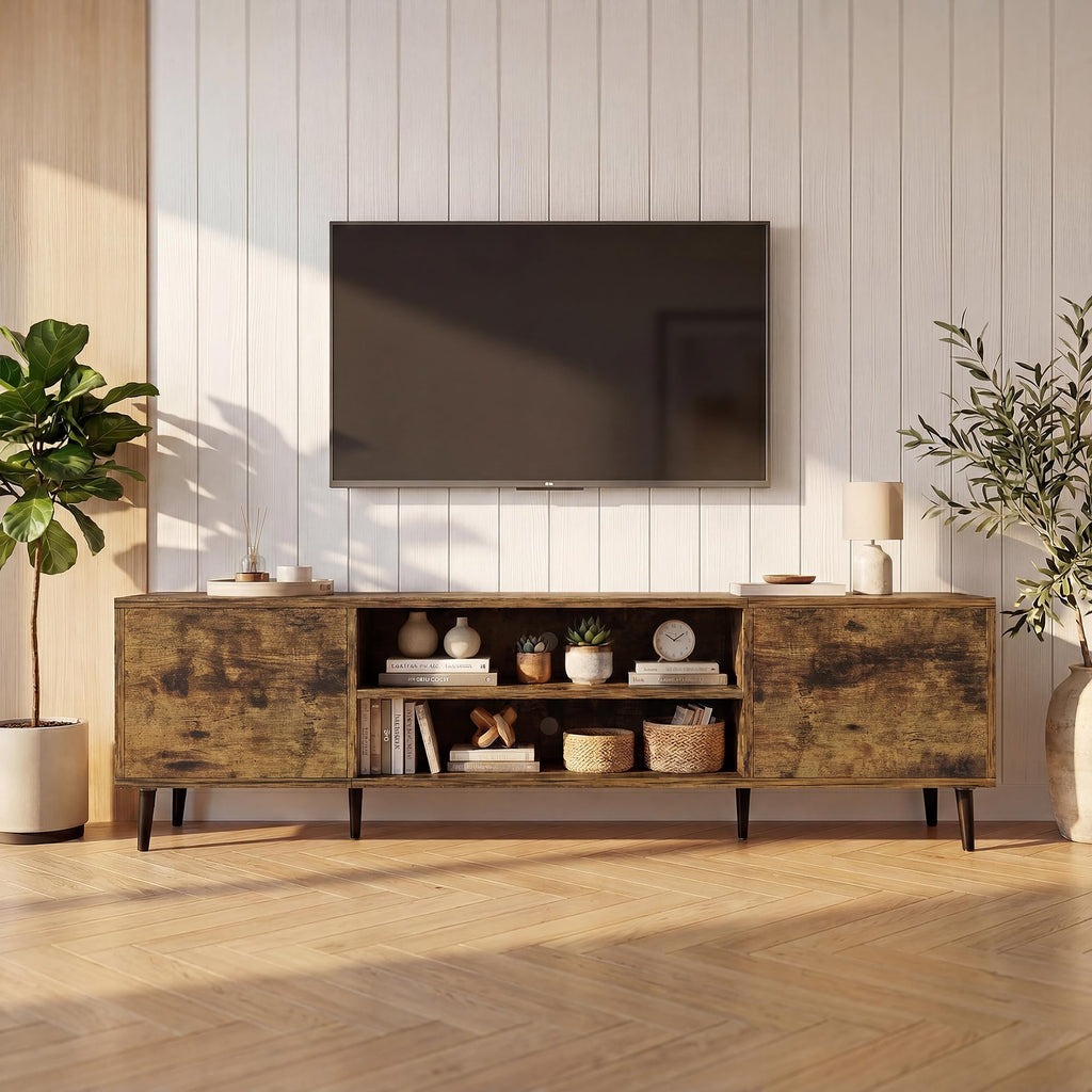 Mid-Century Modern TV Stand with Storage, 63 Inch, Rustic Brown