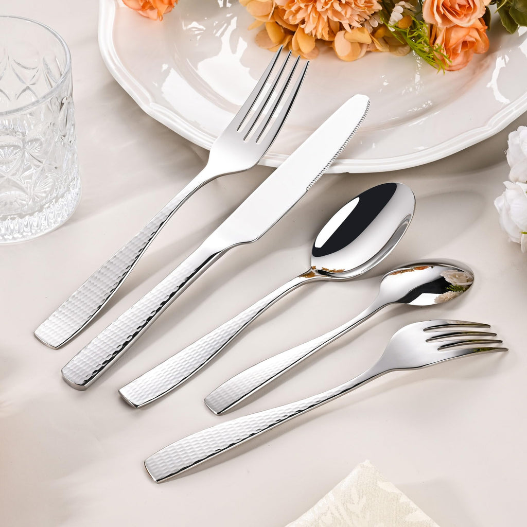 40 Piece Hammered Silverware Set for 8, 18/10 Stainless Steel Flatware
