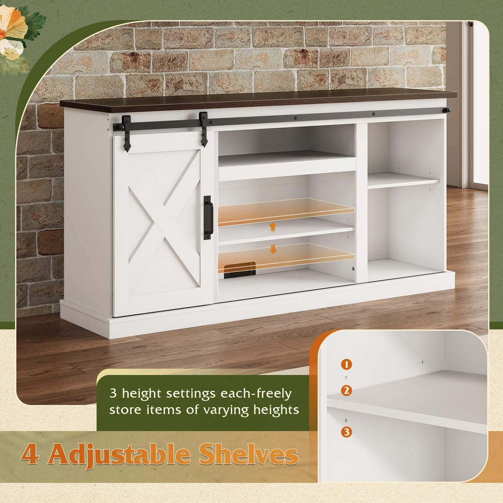 Farmhouse TV Stand for 65 Inch TV, Sliding Barn Doors, White