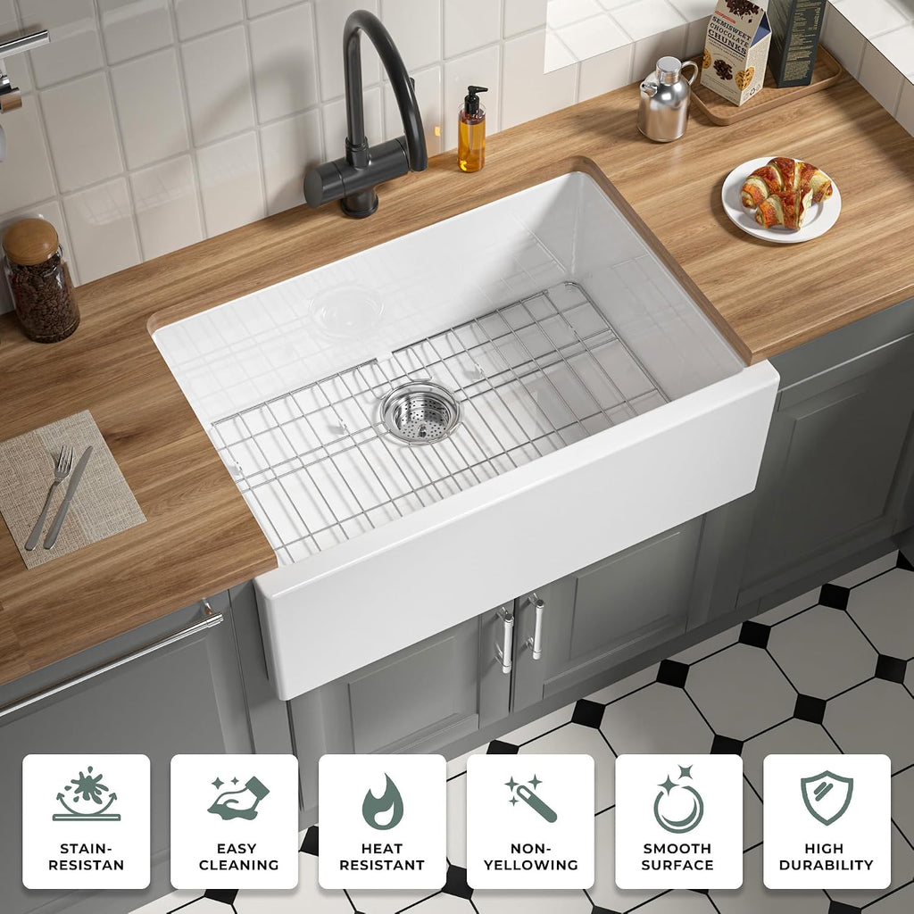 Self Trimming Farmhouse Sink 30 Inch, White Fireclay Kitchen Sink | Tall Apron Front 30"Wx20"Dx10"H , Heavy Duty,Farm
