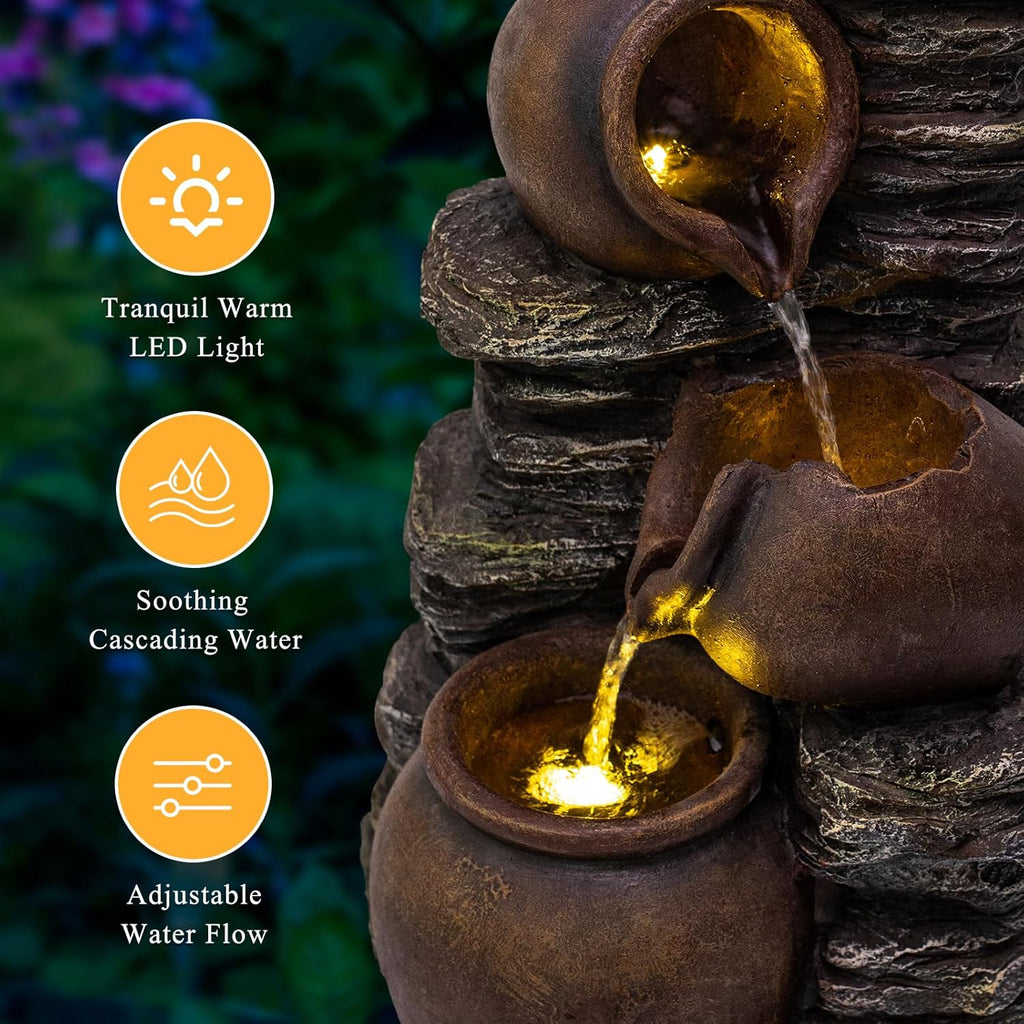 24.8" H Rock & Jar Cascading Water Fountain Outdoor/Indoor, Floor Standing Waterfall Fountain