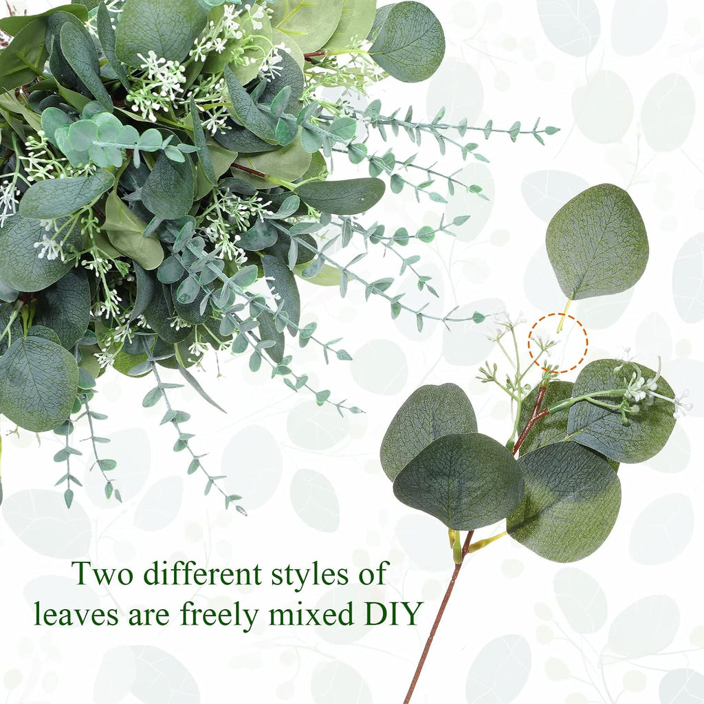 Artificial Eucalyptus Stems, 2 Styles Faux Greenery Leaves with Silver Dollar and Small Leaf Sprays - Set of 300