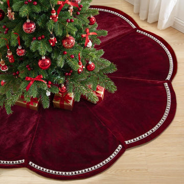60 Inch Red Velvet Christmas Tree Skirt with Scalloped Edge & Pearl Trim