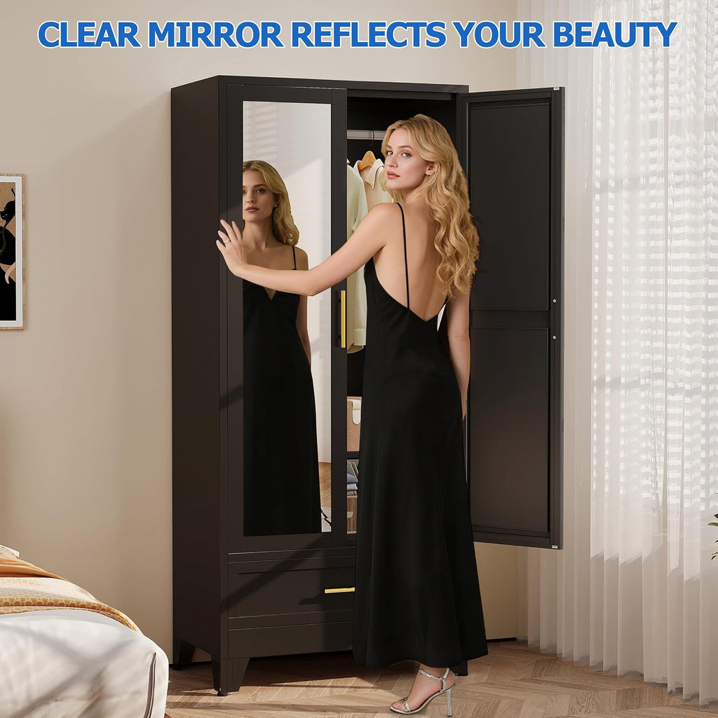 Steel Armoire Wardrobe Closet with Mirror Door and Drawer 71" Black | Household Wardrobe Cabinet with Hanging Rod
