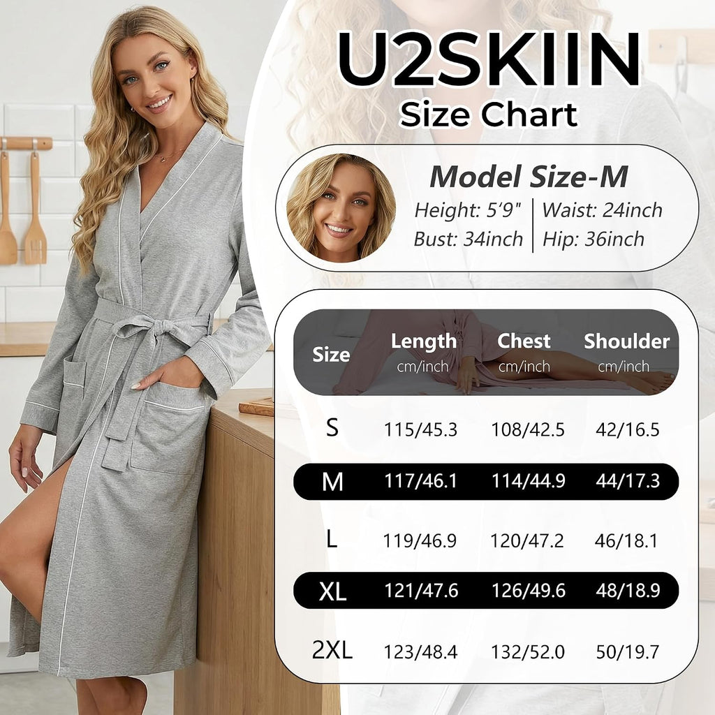 Womens Organic Cotton Robe, Lightweight Long Kimono Bathrobe for Women, Soft Spa Lounge Sleepwear with Pockets