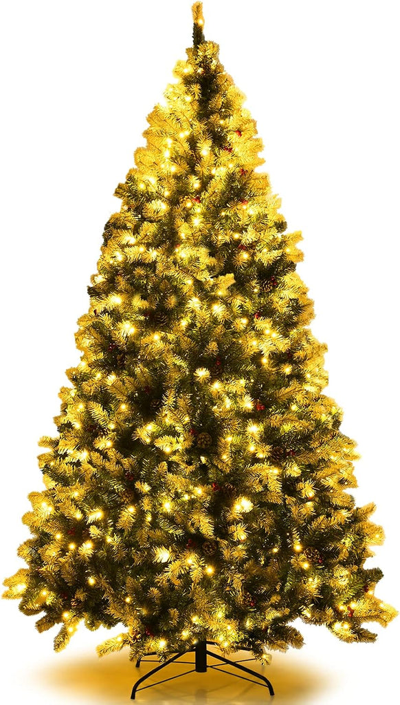 7.5ft Pre-lit Artificial Christmas Tree, Hinged Snow Flocked Xmas Tree w/Pine Cones, Red Berries & 550 LED Lights, 8