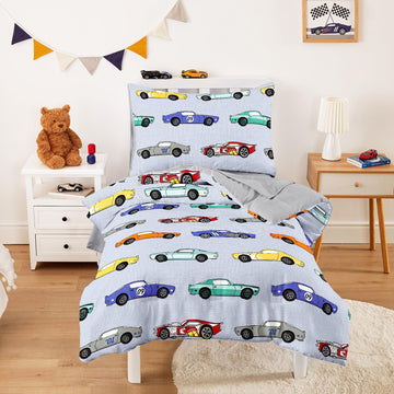 Race Car Toddler Bedding Set for Boys, Cute Colorful Sports Car Supercar Wheels, 4 Pieces Soft Crib Bed Set Including