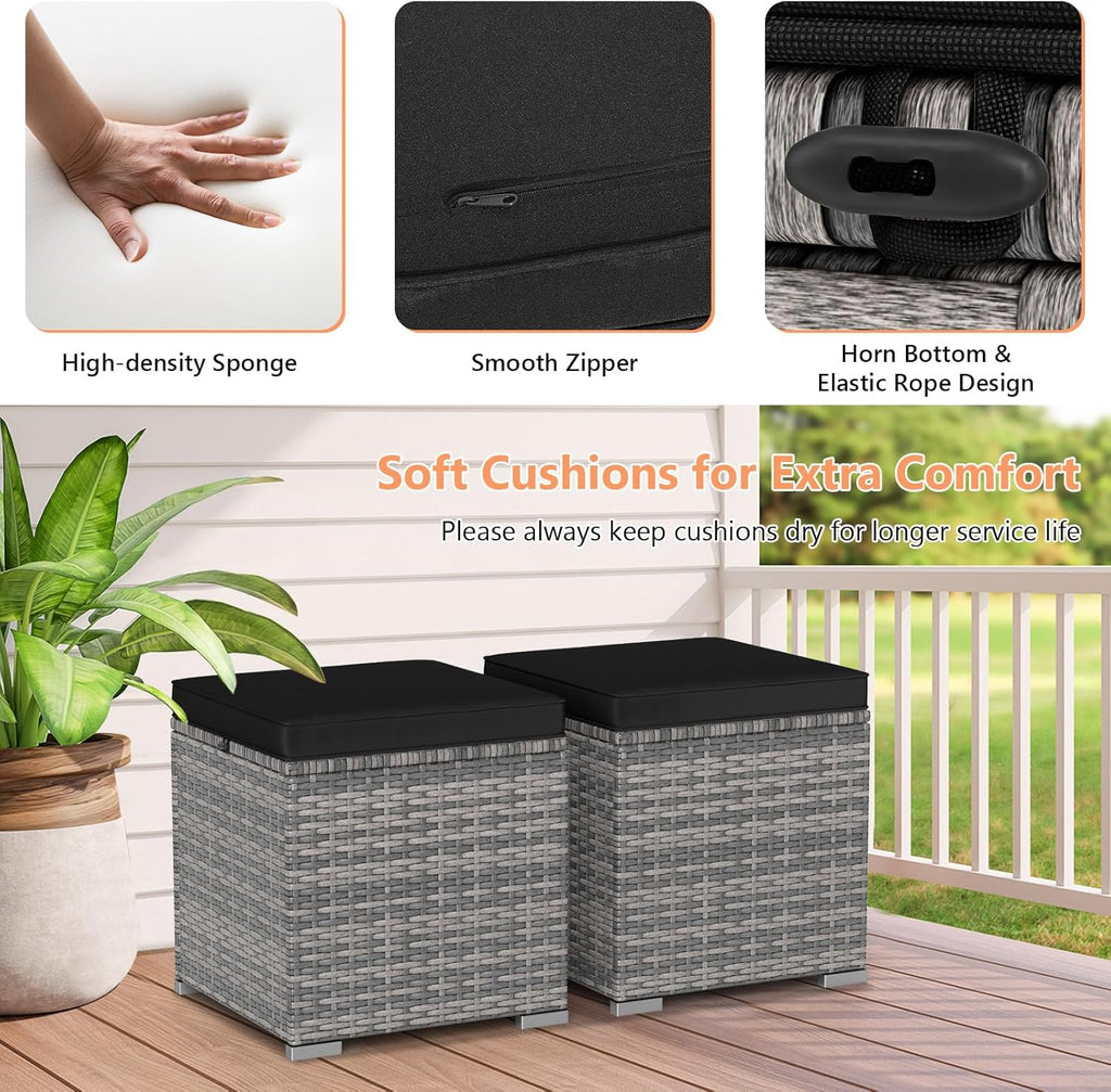 16" Outdoor Ottoman with Storage, Set of 2 Wicker Ottoman, Rattan Cube Footstool w/Removable Cushion Covers, Square