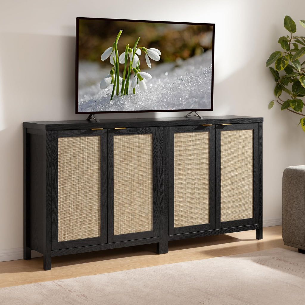 Rattan Black Sideboard Buffet Storage Cabinet with Large Storage