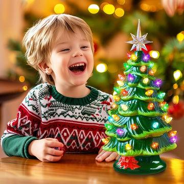 13 Inch Ceramic Christmas Tree, Pre-lit Tabletop Christmas Tree with Multicolored LED Lights, Battery Operated