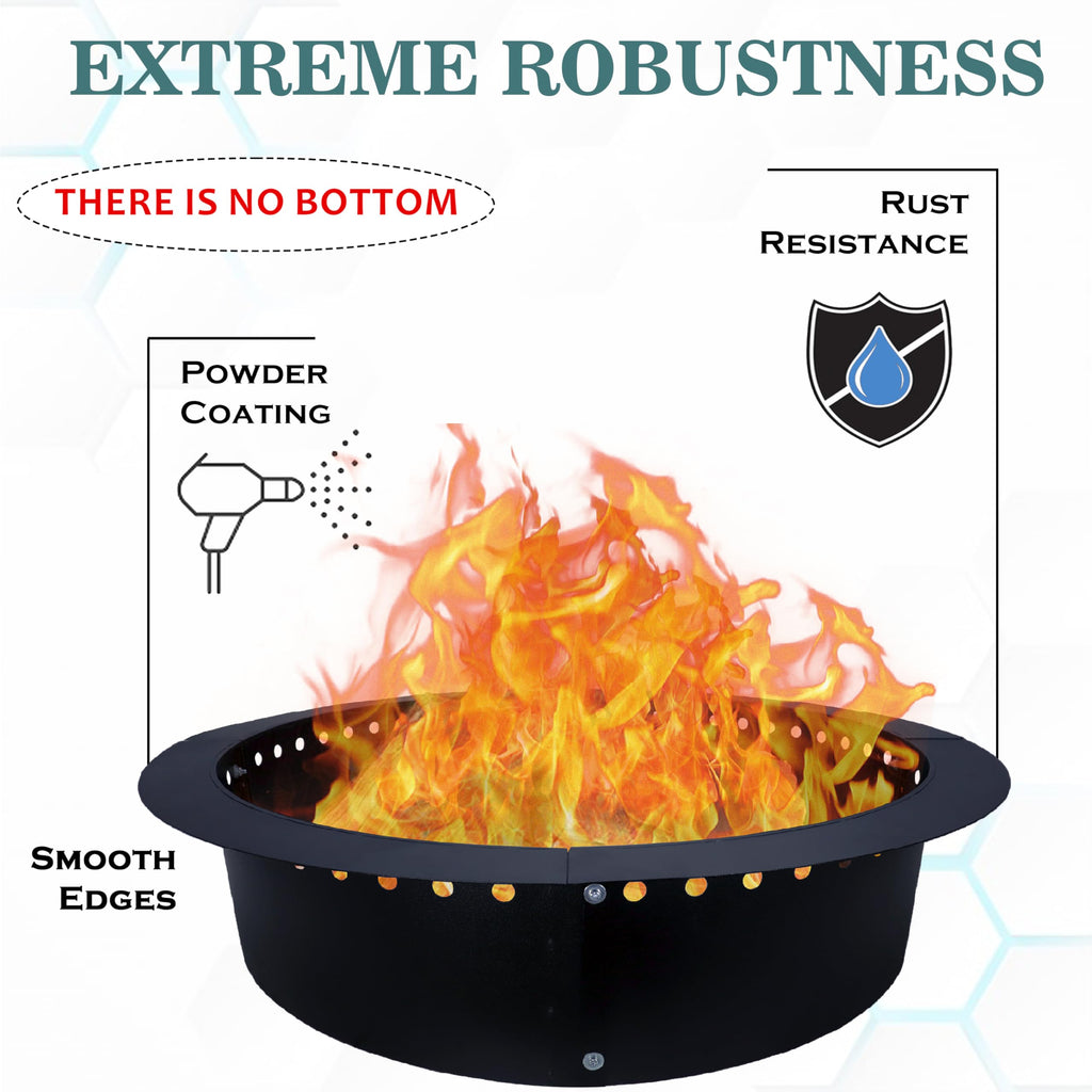Smokeless Fire Pit Insert 46" - Steel Foldable Round Fire Pit Ring with Air Vents and Coller Support - DIY Fire Ring